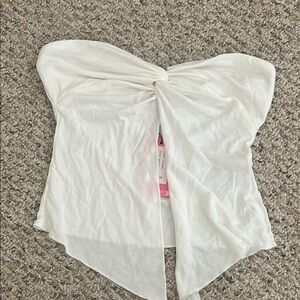 Edikted White and Pink Asymmetrical Tie Front Blouse